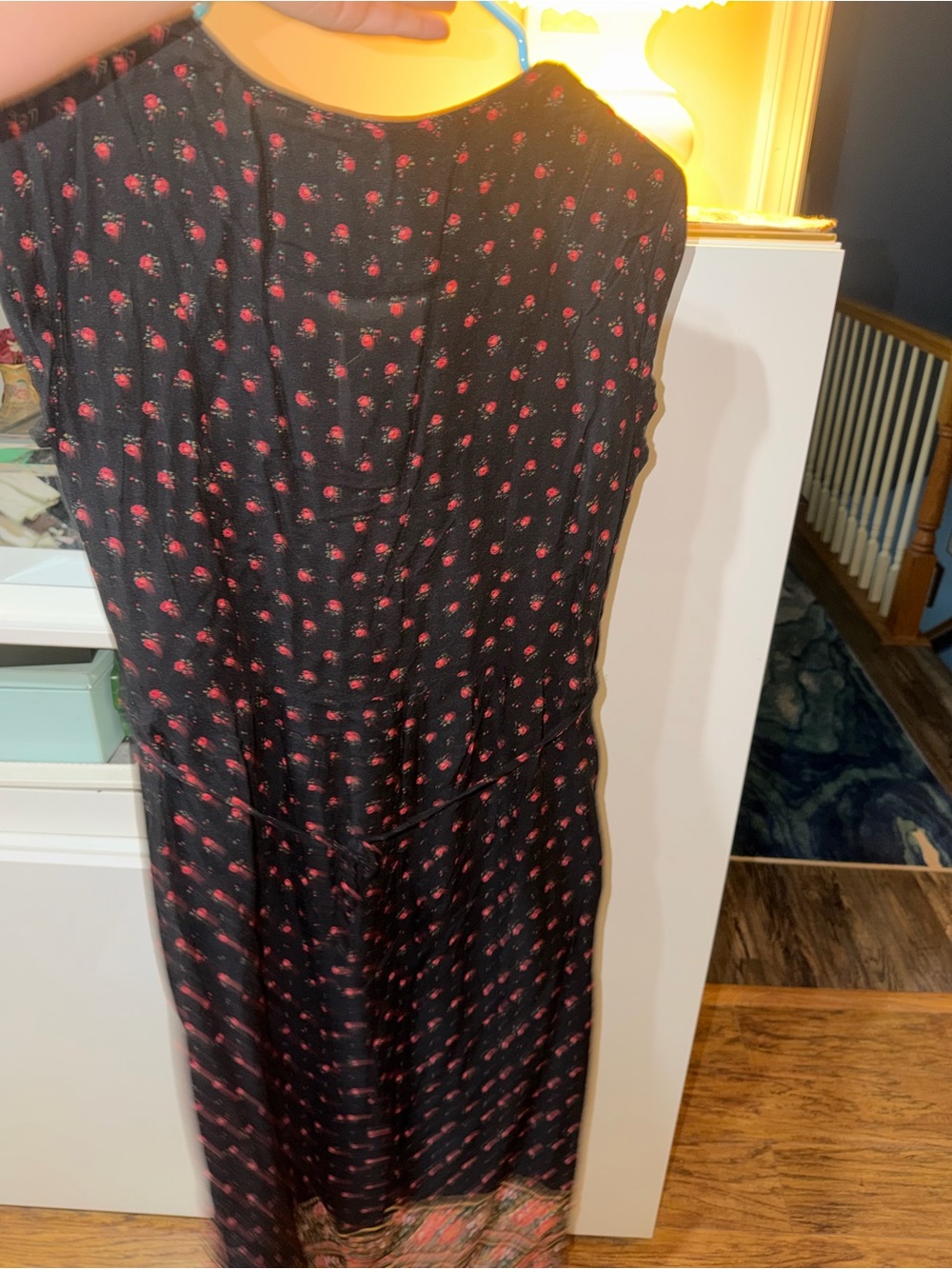 Women’s Secret Vintage Black Dress with Pink Floral Print - tie at waist, US12 - Picture 2 of 3